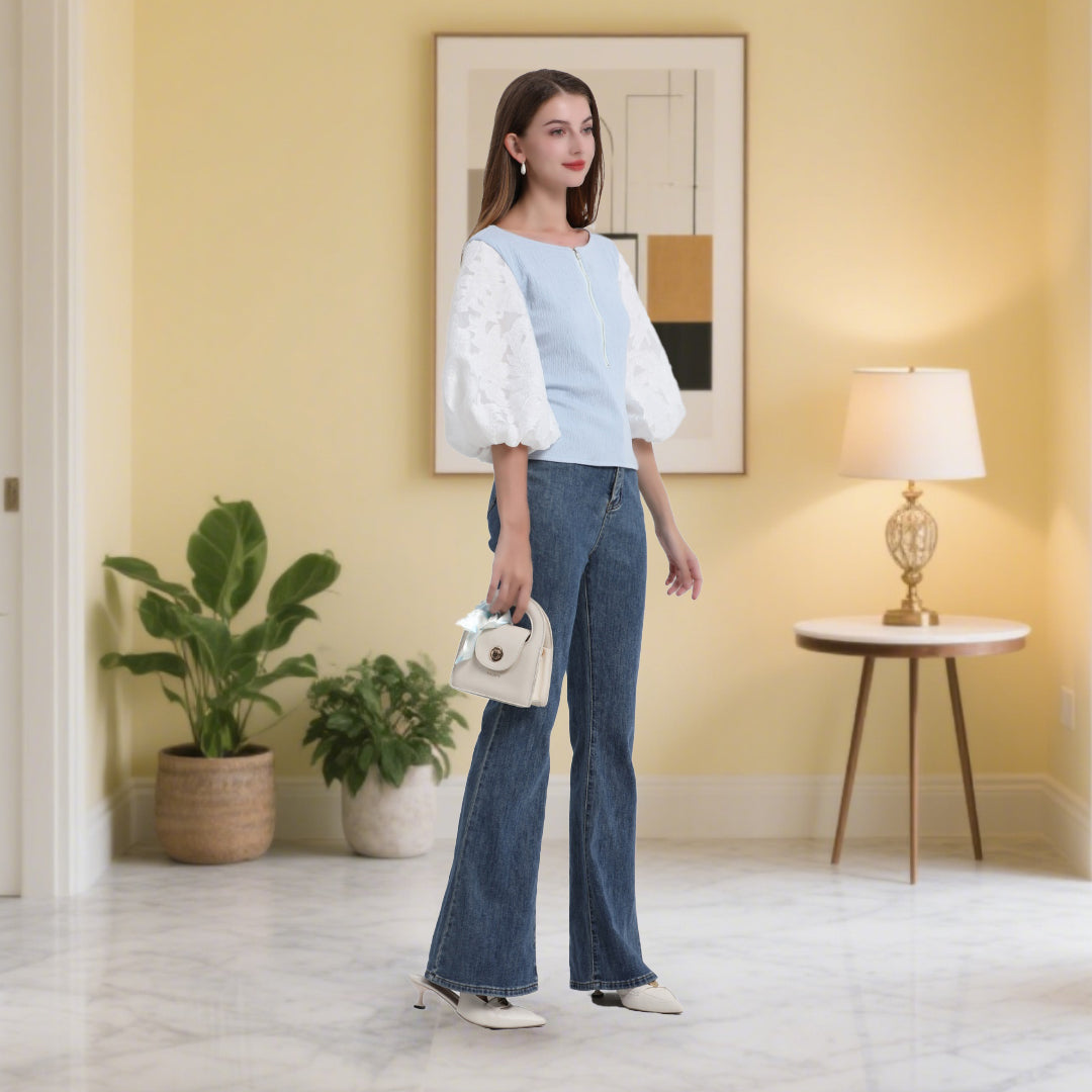 DINADD®️ Damenbluse mit Puffärmeln – Romantisches Ärmel-Top mit taillierter Passform