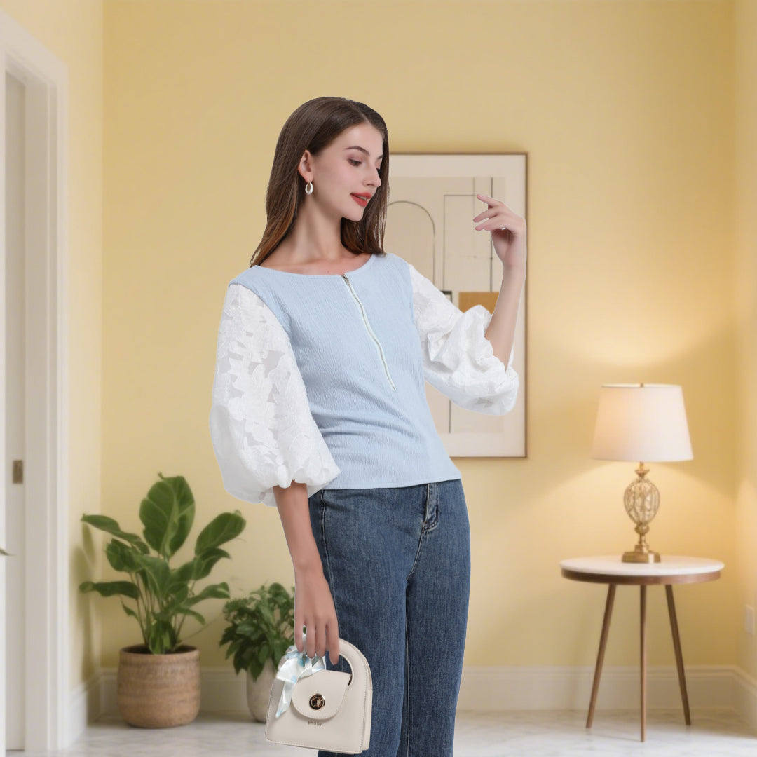 DINADD®️ Damenbluse mit Puffärmeln – Romantisches Ärmel-Top mit taillierter Passform