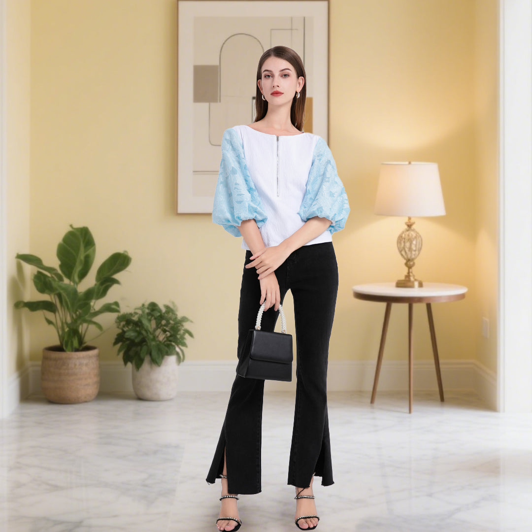 DINADD®️ Damenbluse mit Puffärmeln – Romantisches Ärmel-Top mit taillierter Passform