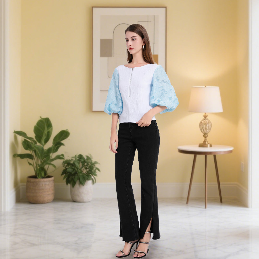 DINADD®️ Damenbluse mit Puffärmeln – Romantisches Ärmel-Top mit taillierter Passform