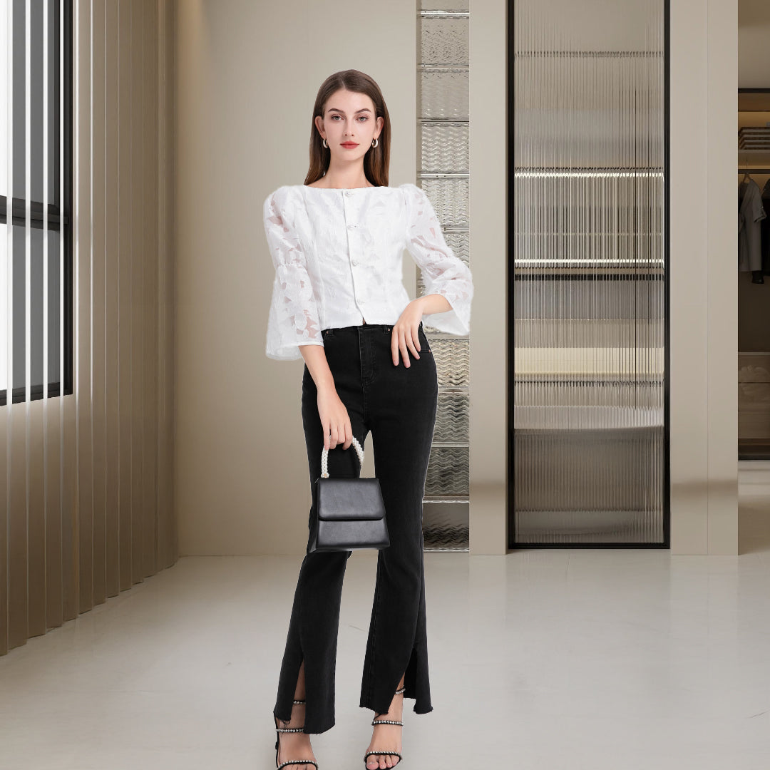 DINADD®️ Women's blouse with puff sleeves - crop top in jacquard style