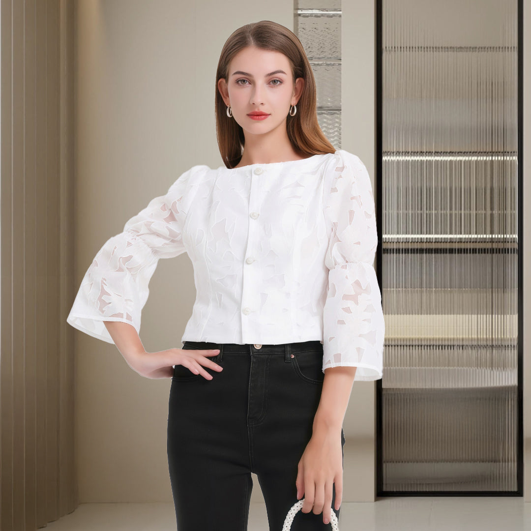 DINADD®️ Women's blouse with puff sleeves - crop top in jacquard style