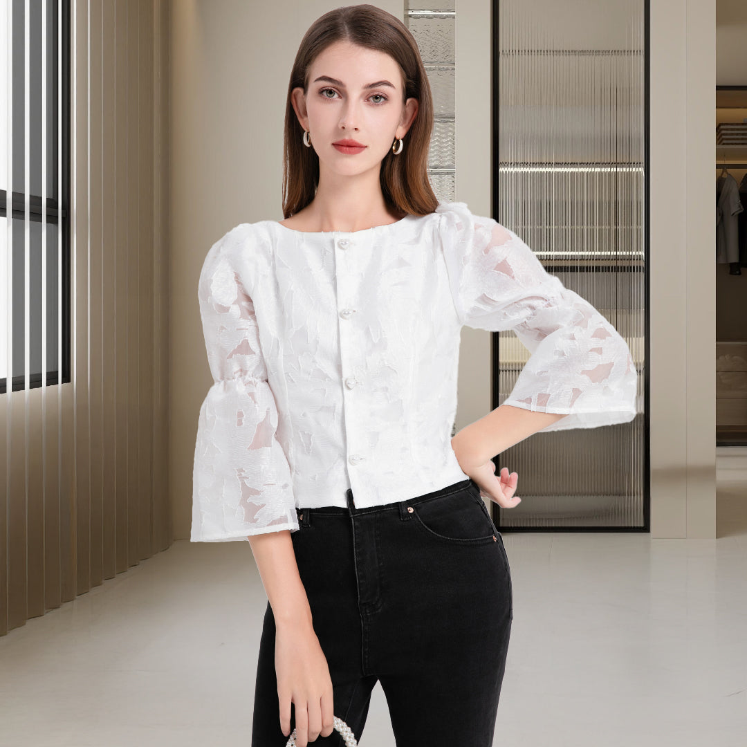 DINADD®️ Women's blouse with puff sleeves - crop top in jacquard style