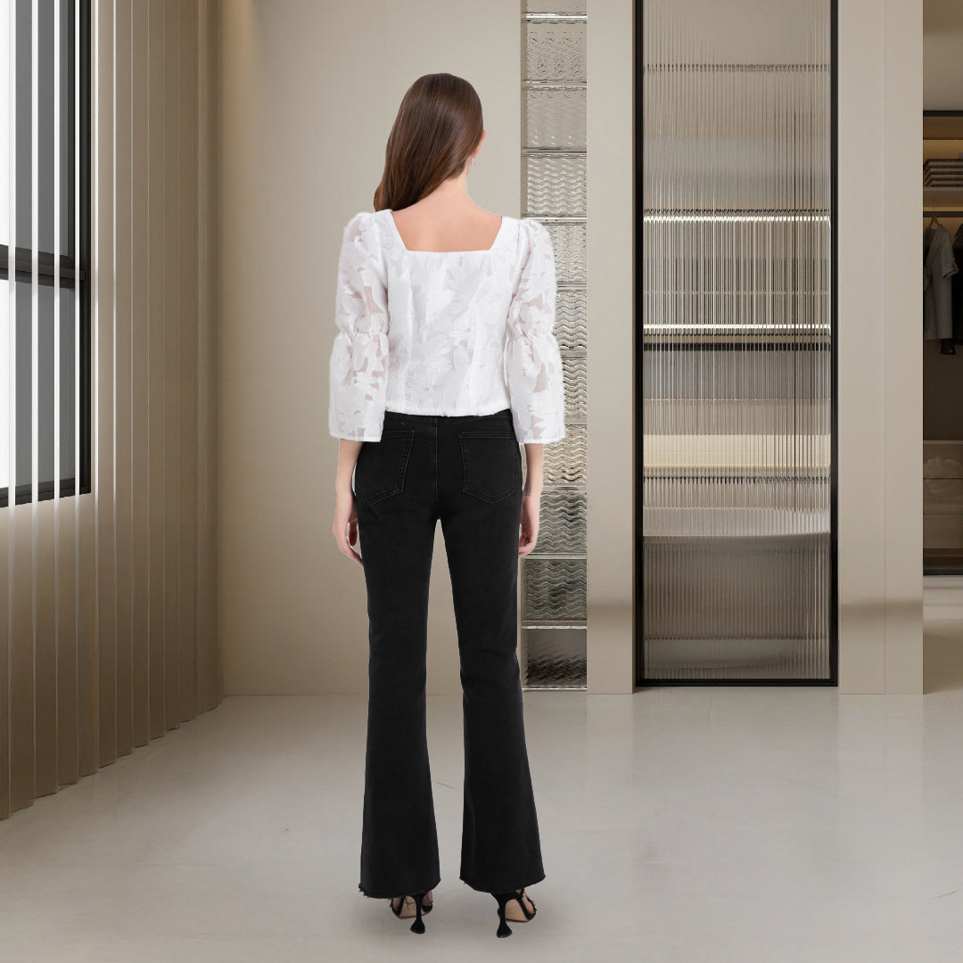 DINADD®️ Women's blouse with puff sleeves - crop top in jacquard style