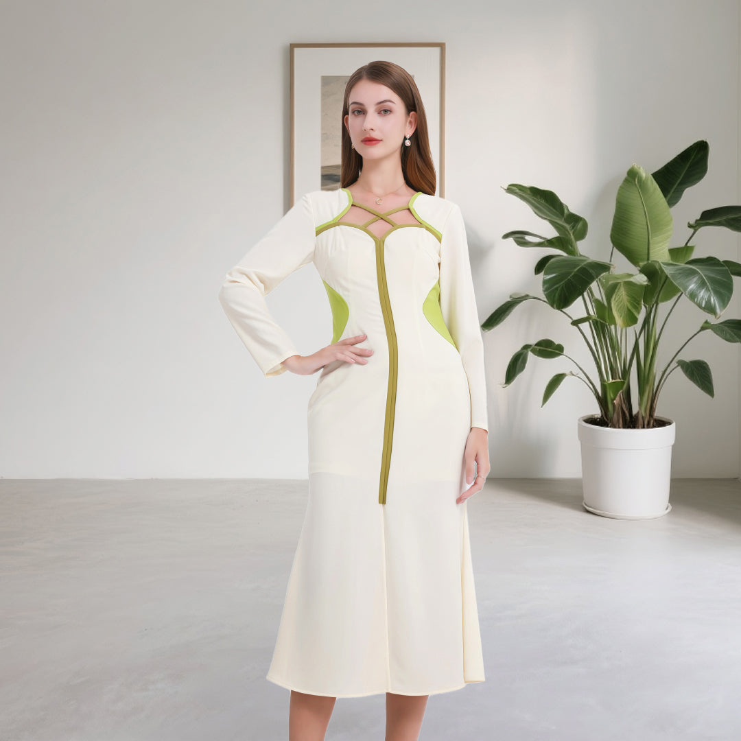 DINADD® Morandi Contrast Color Fitted Fishtail Dress