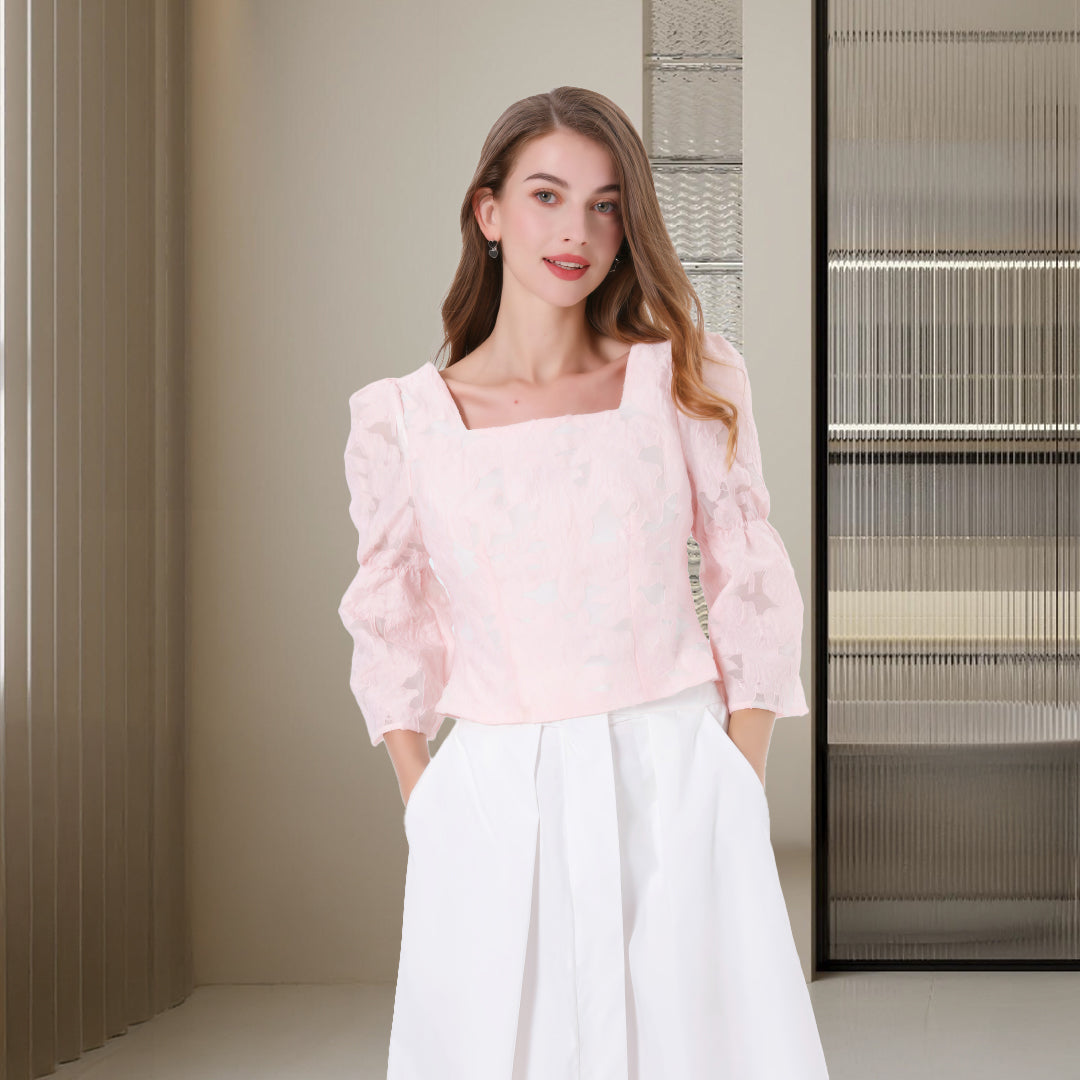 DINADD®️ Women's blouse with puff sleeves - crop top in jacquard style