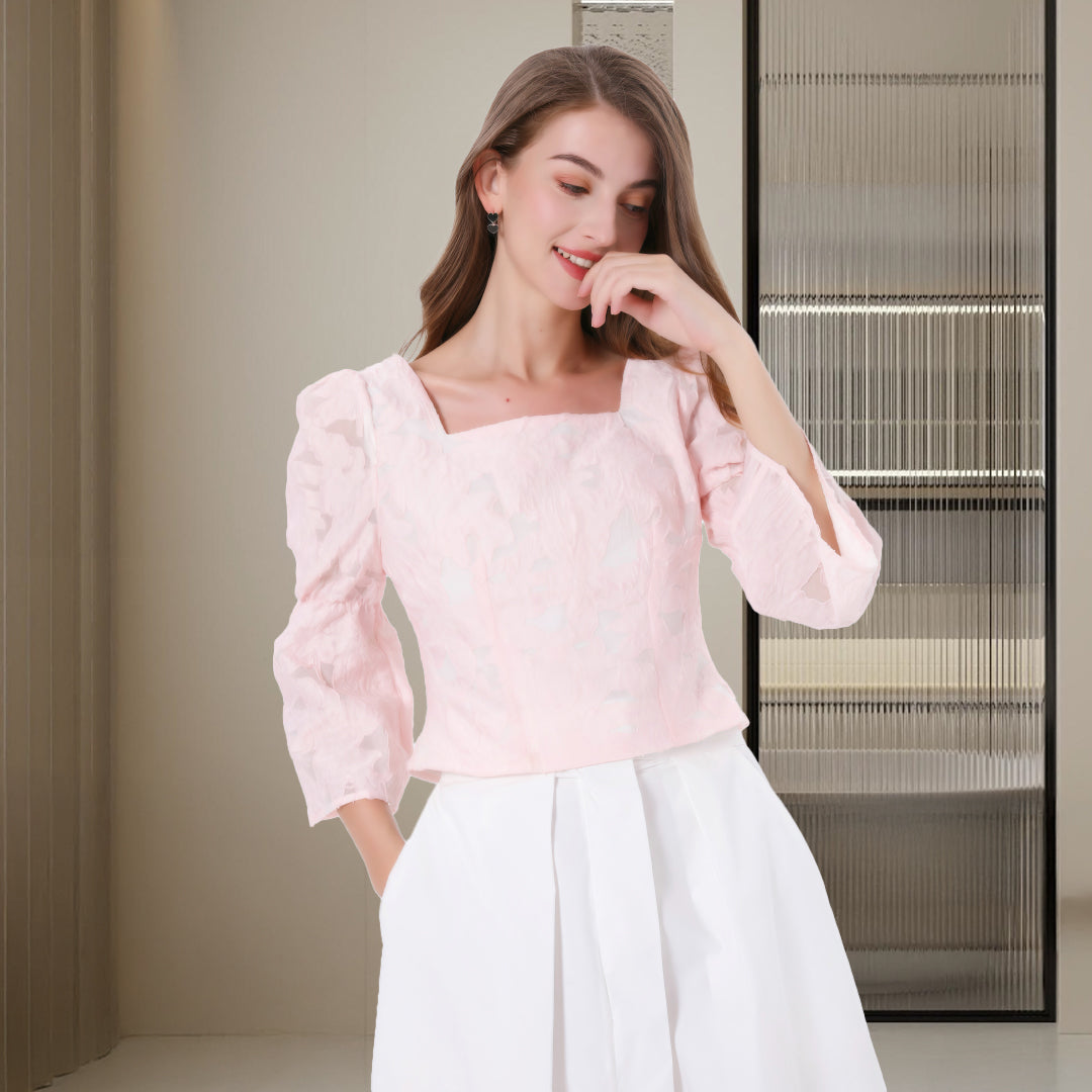 DINADD®️ Women's blouse with puff sleeves - crop top in jacquard style