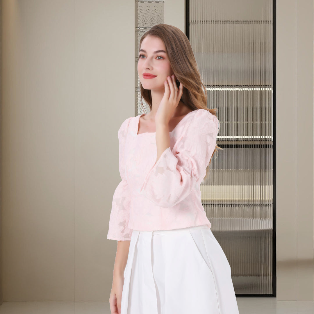 DINADD®️ Women's blouse with puff sleeves - crop top in jacquard style