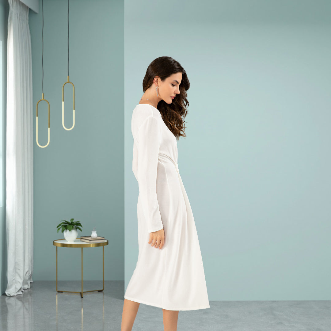 DINADD® V-neck dress with artistic button decoration at the waist