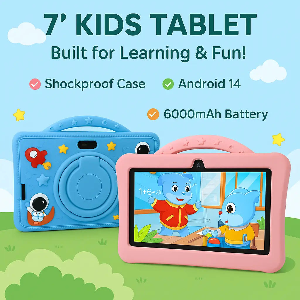 7-Inch Kids Tablet – Android 14 | 8GB RAM + 128GB ROM | Shockproof EVA Case | Dual Camera | Parental Control | 6000mAh Battery