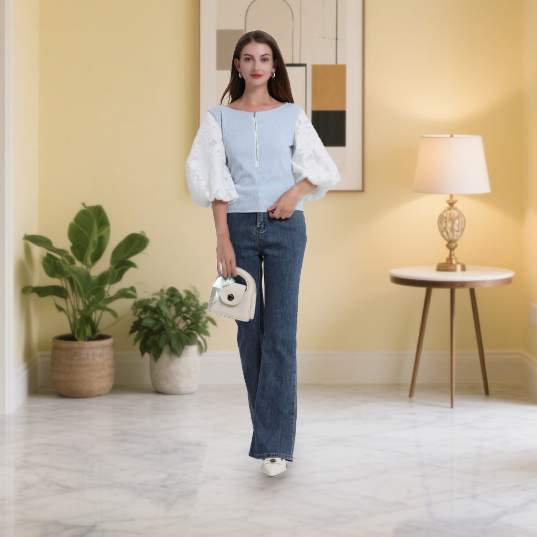 DINADD®️ Damenbluse mit Puffärmeln – Romantisches Ärmel-Top mit taillierter Passform