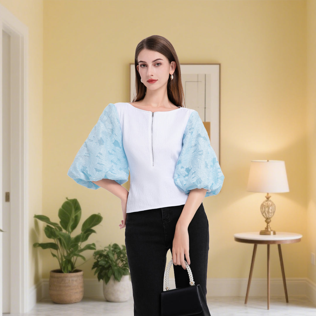 DINADD®️ Damenbluse mit Puffärmeln – Romantisches Ärmel-Top mit taillierter Passform