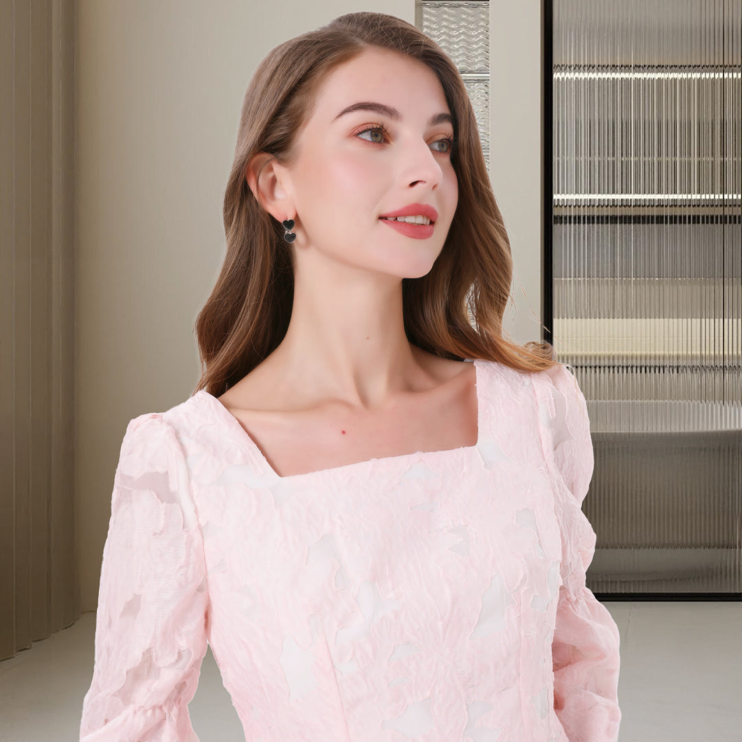 DINADD®️ Women's blouse with puff sleeves - crop top in jacquard style 